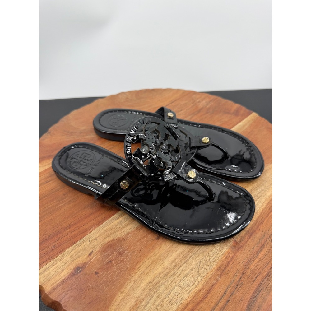 Tory Burch Miller Sandal Women 5.5 Black Patent Leather Logo Thong Flat